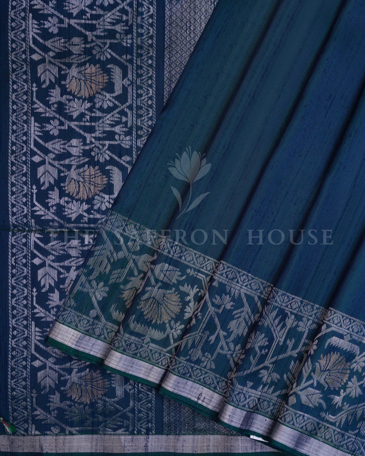 Midnight Blue Tussar Soft Silk Saree with Silver Zari Floral Border and Pallu - TSH6056
