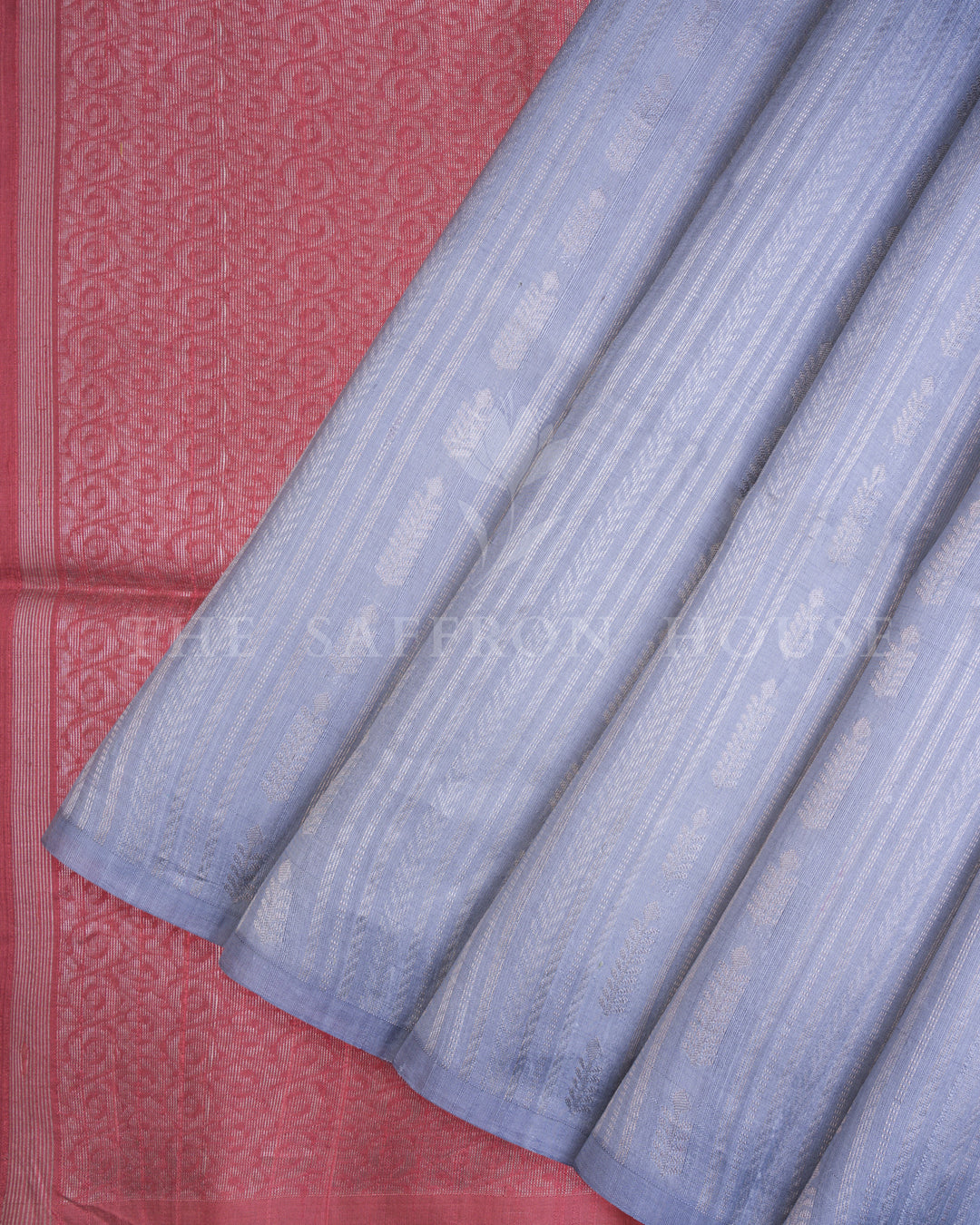 Sky Grey Tussar Soft Silk Saree with Rose Red Contrast Pallu - TSH6052