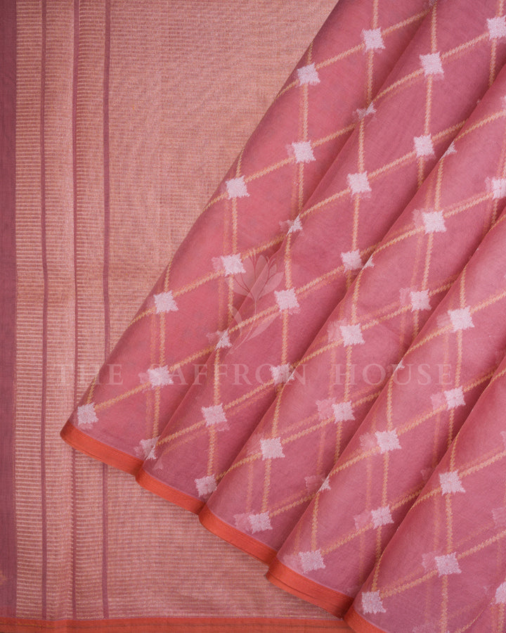 Dusty Rose Handwoven Cotton Silk Kora Banarasi Saree - TSH250551