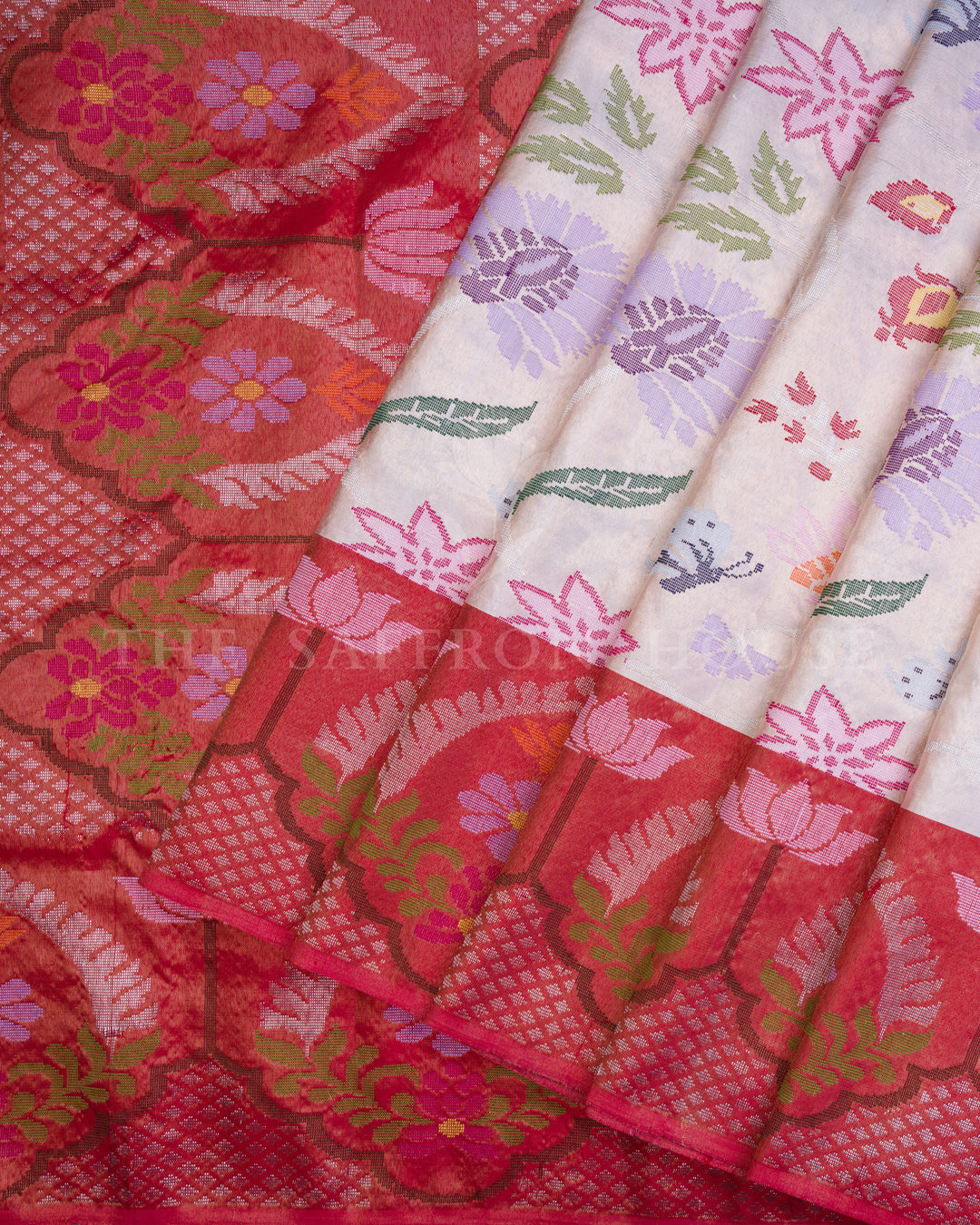 Ivory And Red Handwoven Pure Zari Kota Doria Saree with Meenakari Work - TSH000006