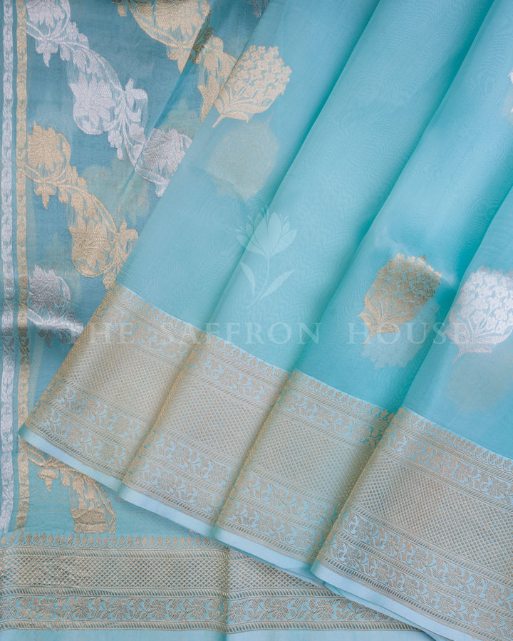 Icy Blue Handwoven Kora Banarasi Saree - TSH000043