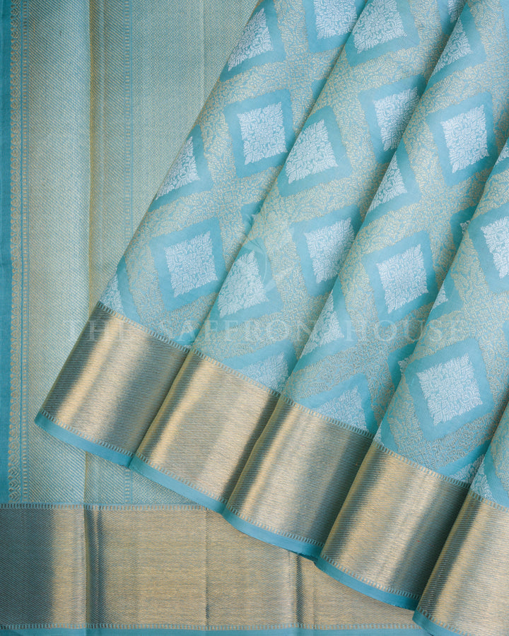 Pure Zari Kora Kanchivaram Saree in Powder Blue with Gold Border - TSH250020