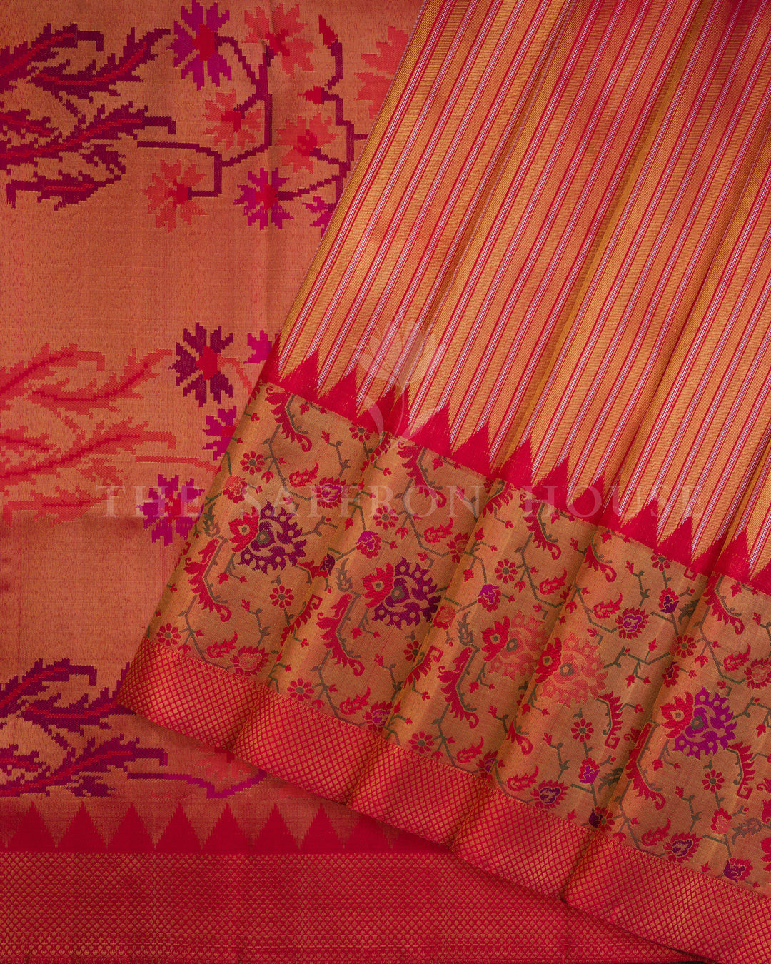 Chilli Red Handwoven Kanjivaram Silk Saree With Paithani Border - TSH250172