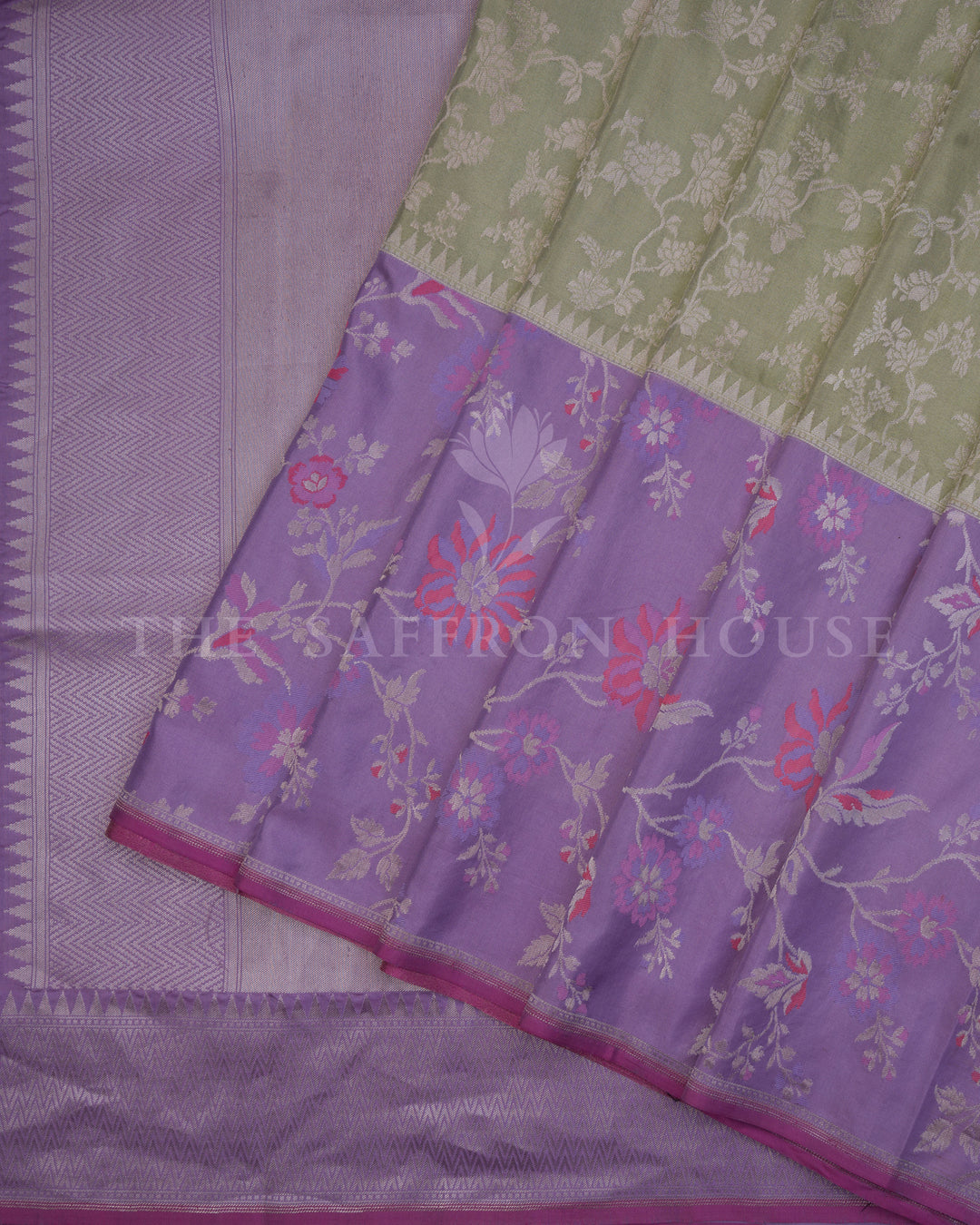 Pastel Olive And Lavender Handwoven Ektara Banaras Saree with Meenakari Work - TSH250512