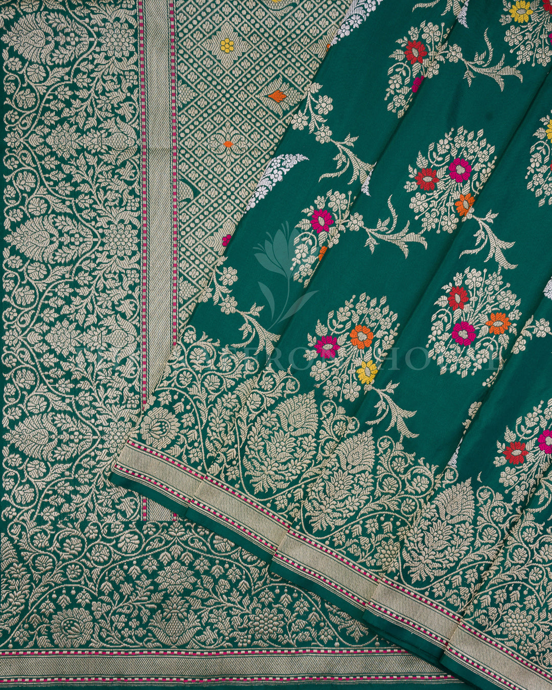 Royal Green Handwoven Katan Banarasi Saree with Meenakari Work – TSH250514