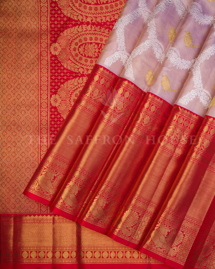 Rose Gold And Chilli Red Handwoven Kanjivaram Silk Saree - TSH250081