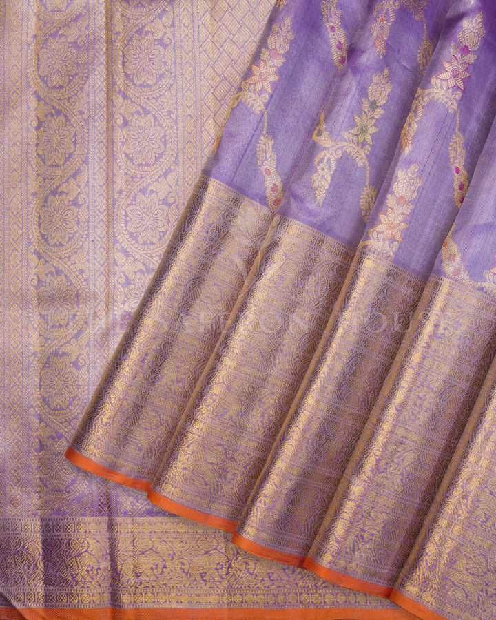 Lavender Handwoven Kanjivaram Silk Tissue Saree with Meenakari Work - TSH250087
