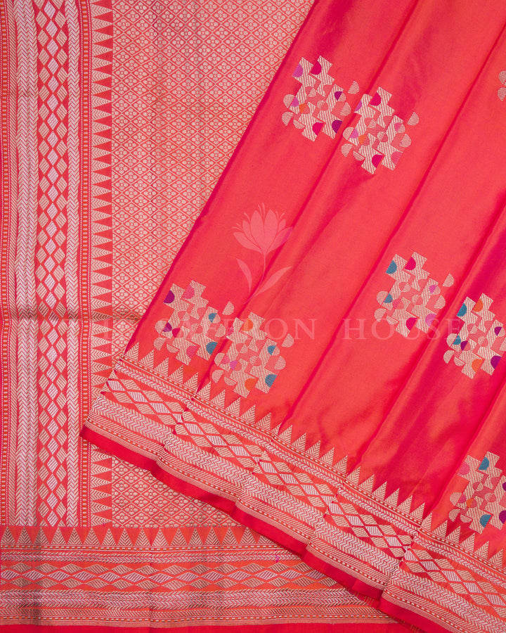 Vermilion Red Handwoven Mashru Banarasi Saree with Meenakari Work - TSH250515