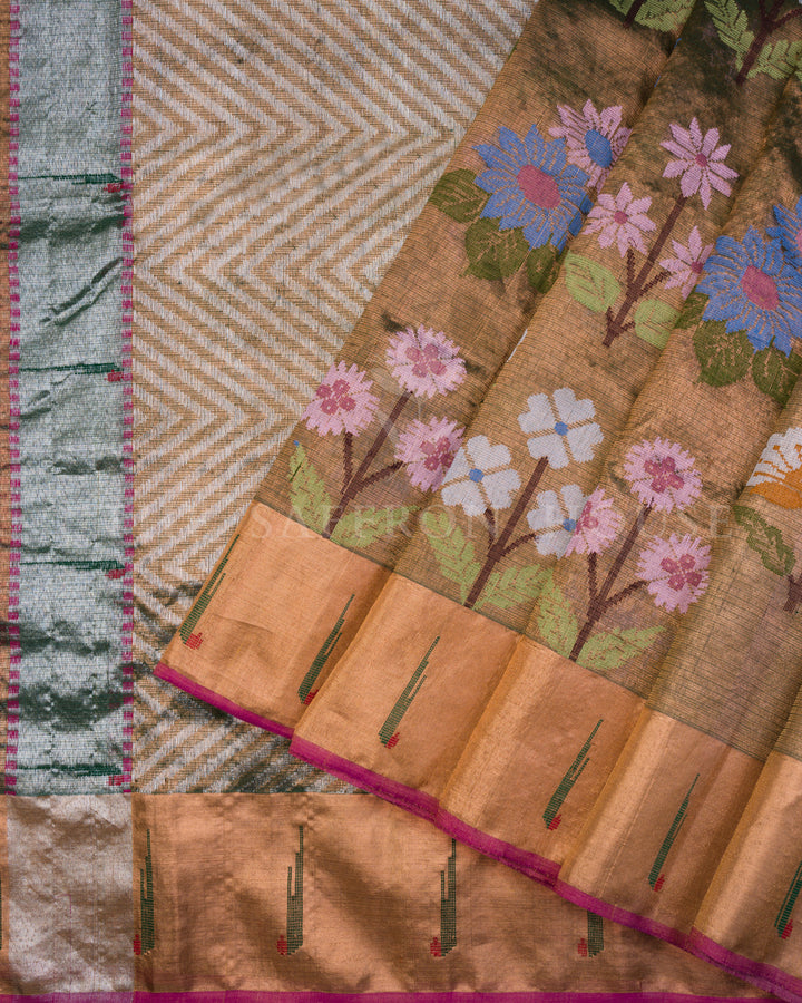 Ochre And Magenta Handwoven Pure Zari Kota Doria Saree - TSH126
