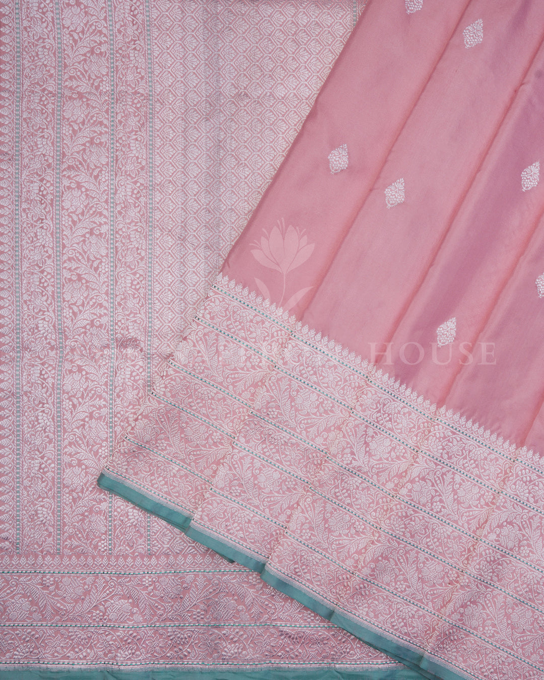 Rose Pink And Mint Handwoven Ek-Tar Banarasi Saree - TSH250362