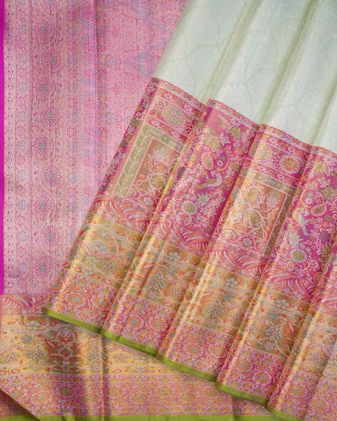 Pistachio Green Handwoven Jamdani Kanjivaram Silk Saree with Meenakari Work - TSH250088
