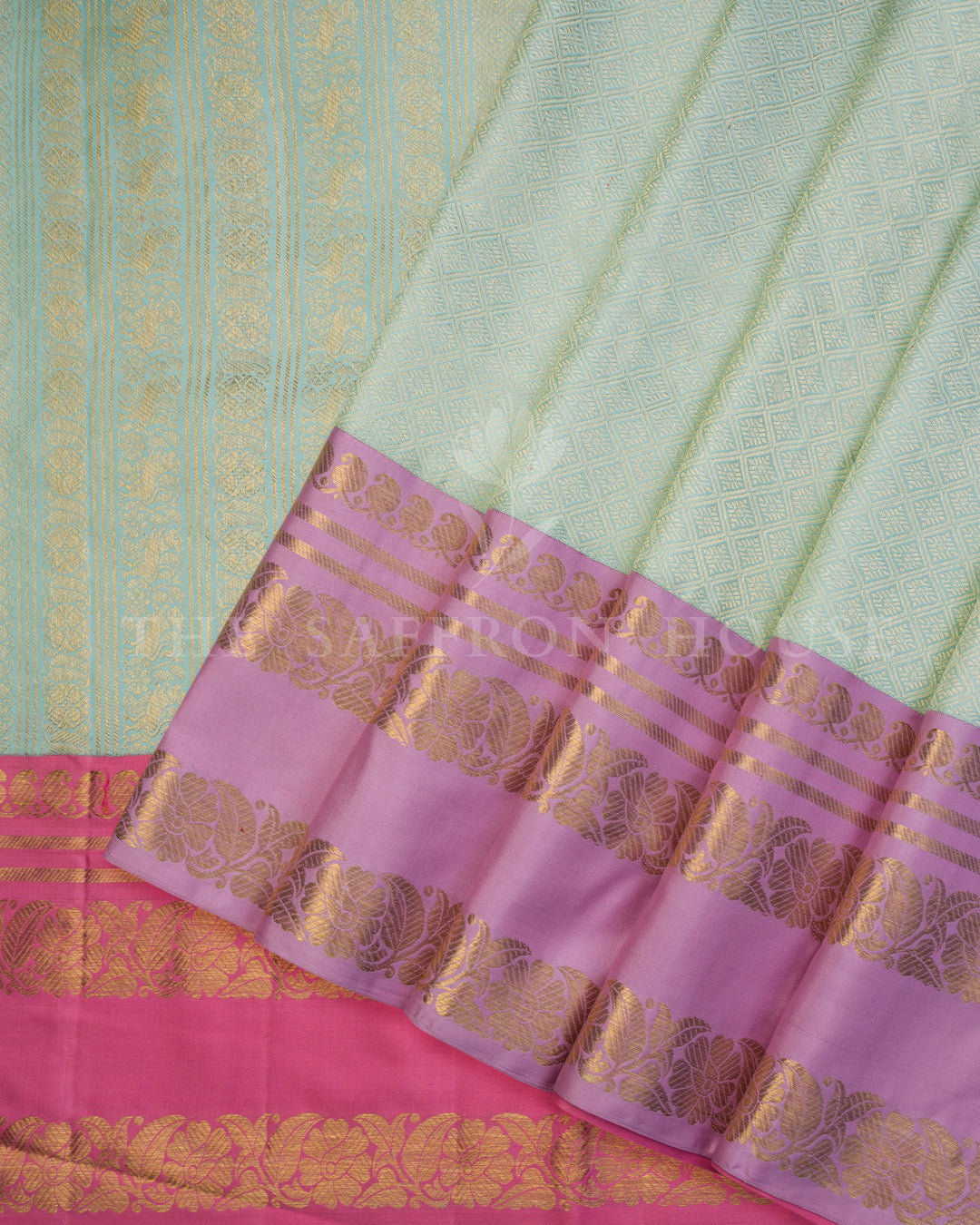 Mint Handwoven Pure Silk Kanjivaram Saree with Ganga Jamuna Border - TSH250131
