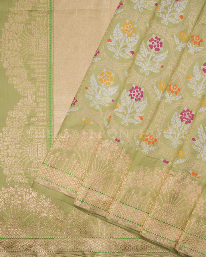 Pistachio Green Handwoven Pure Zari Katan Banarasi Saree with Meenakari Work - TSH250375