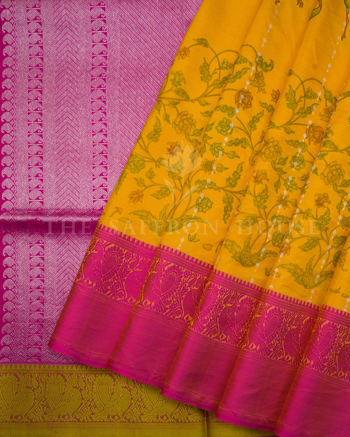 Mustard Yellow Printed Kanjivaram Silk Saree with Ganga Jamuna Border - TSH000010