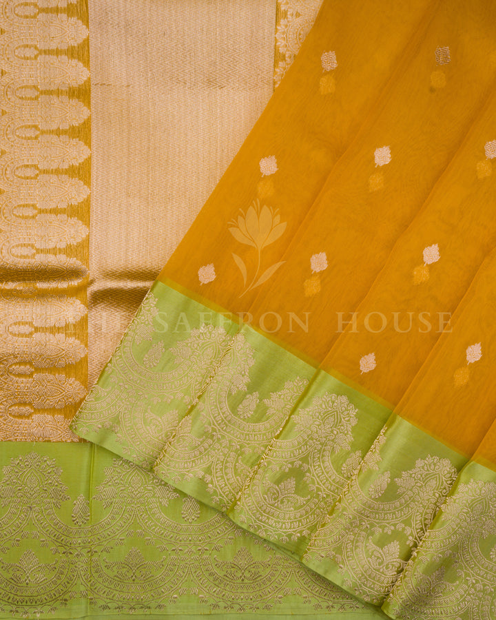 Marigold with Lime Handwoven Kora Banarasi Saree - TSH250510