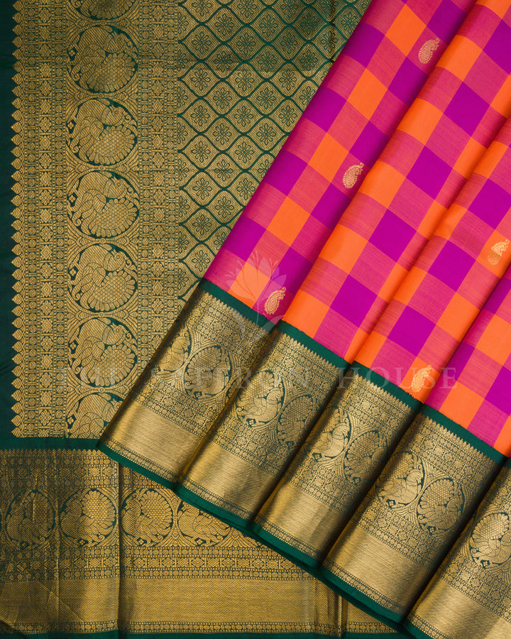 Orange & Magenta Handwoven Korvai Kanjivaram Silk Saree - TSH250178