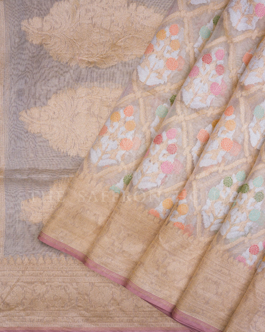 Champagne Gold Handwoven Cutwork Jamdani Kora Silk Saree with Meenakari Work - TSH250501