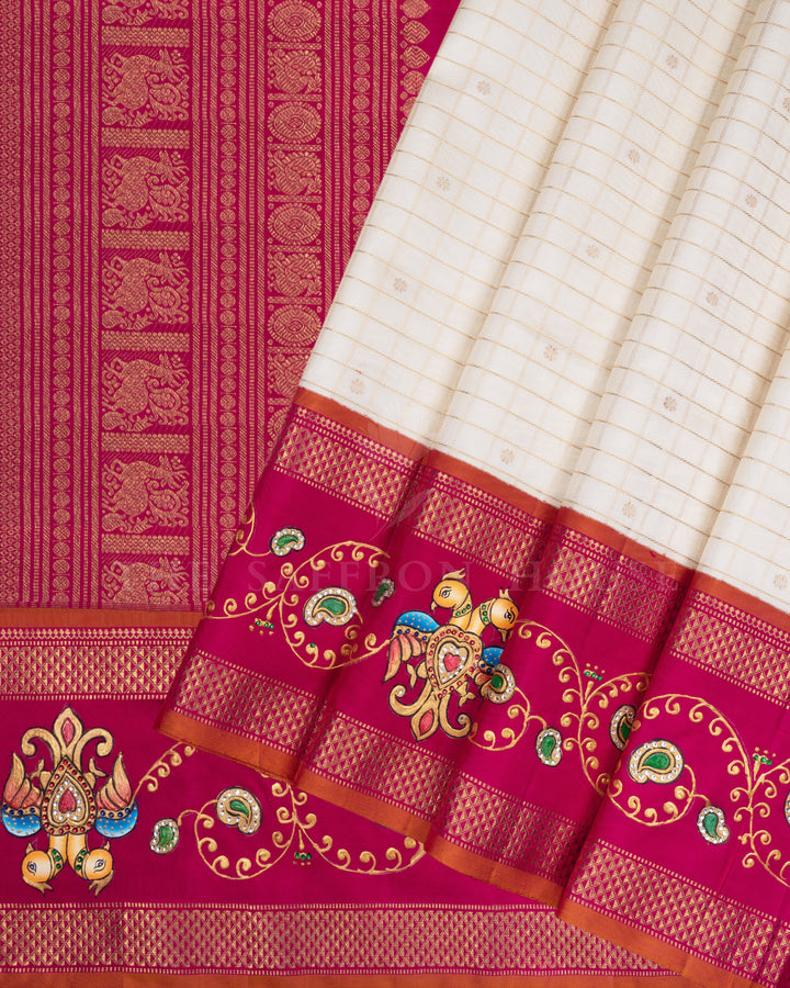 Ivory And Rani Pink Tanjore Hand-Painted Kanjivaram Silk Saree - TSH2506149