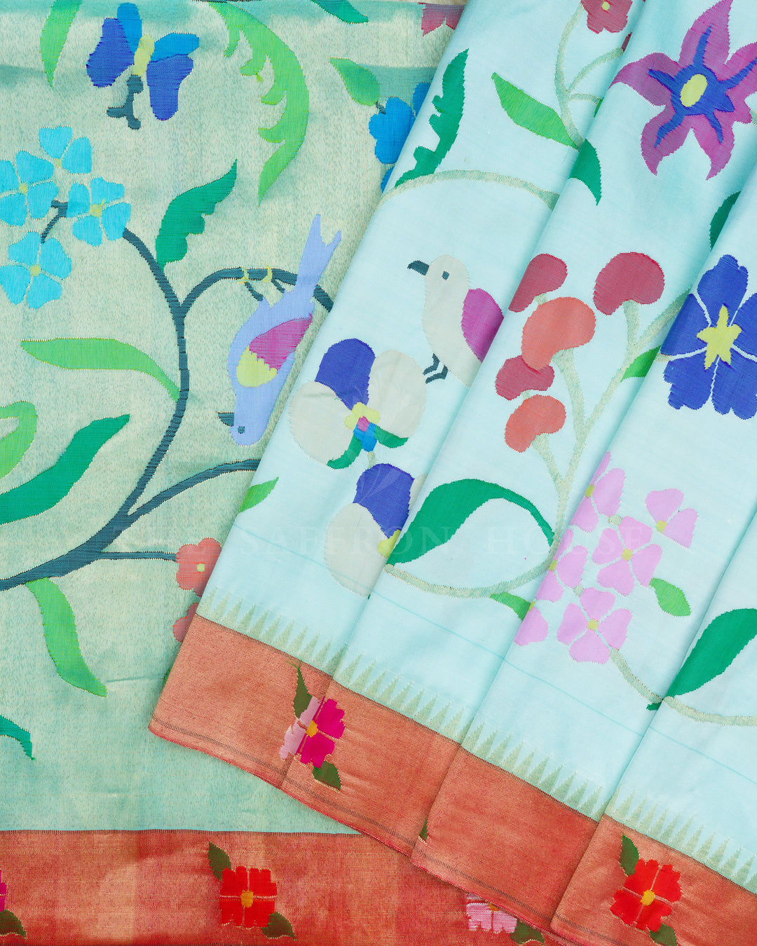 Sky Blue And Red Handwoven Paithani Saree - TSH2506069