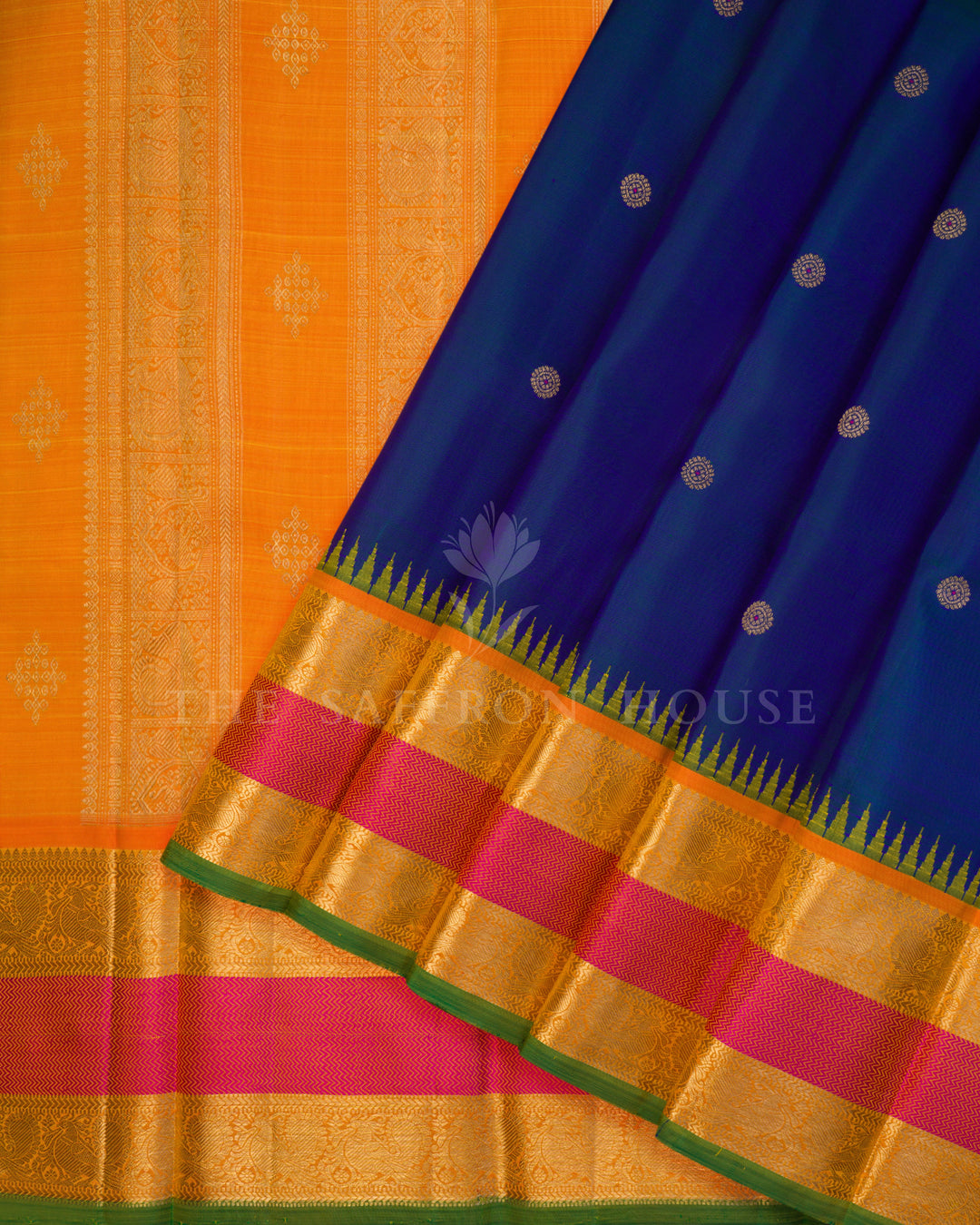 Royal Blue, Turmeric Yellow And Pink Handwoven Kanjivaram Silk Saree - TSH250047