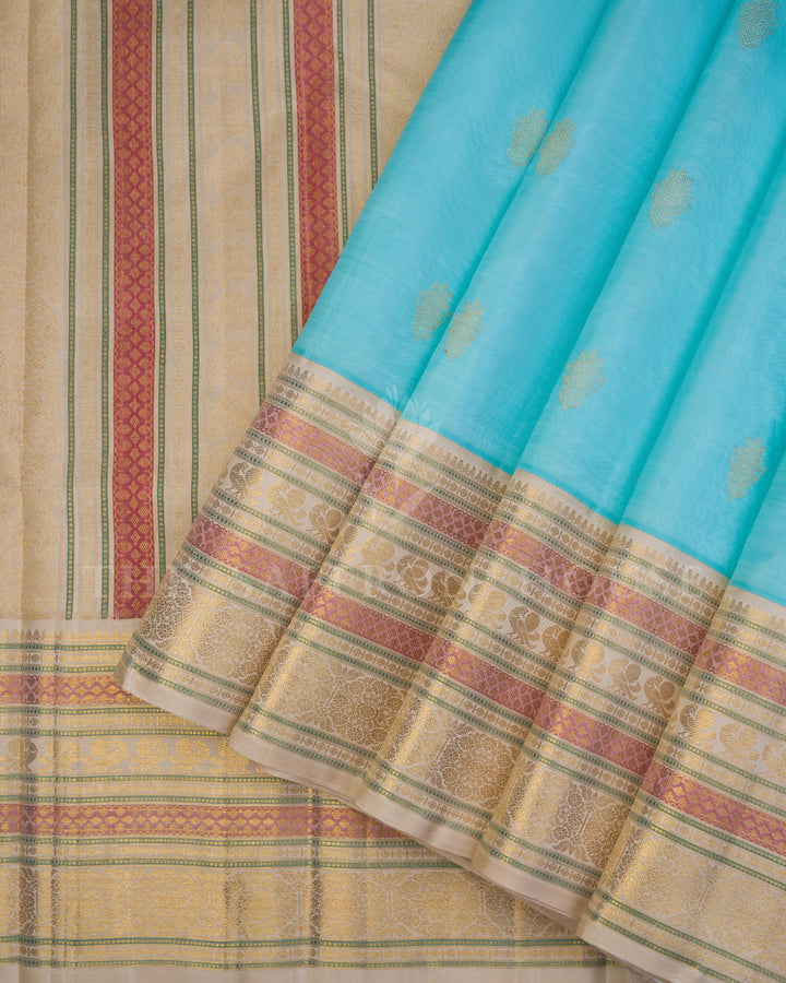 Sky Blue And Beige Handwoven Pure Kanjivaram Silk Saree - TSH250059