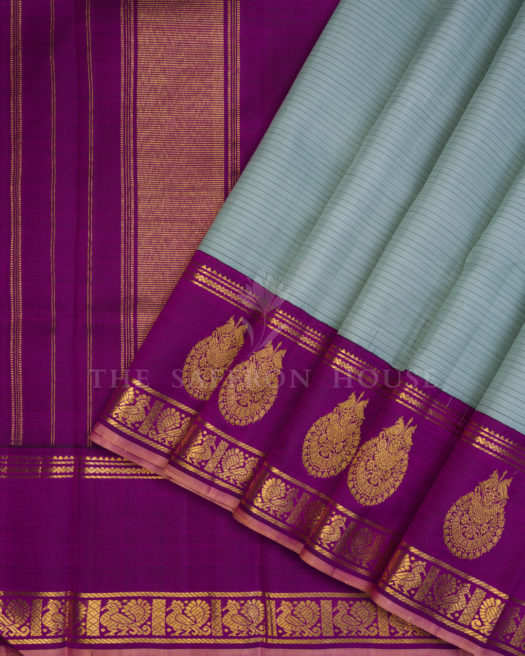 Powder Blue And Magenta Handwoven Kanjivaram Silk Saree - TSH250028
