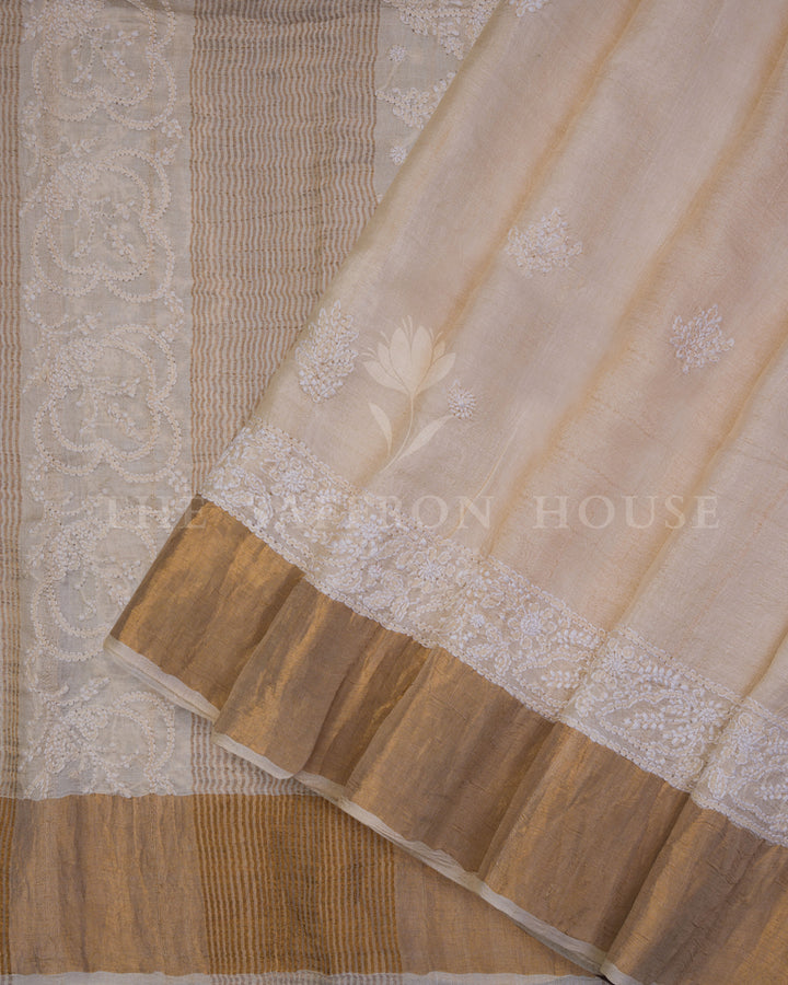 Beige Tussar Silk Chikankari Saree - TSH250532