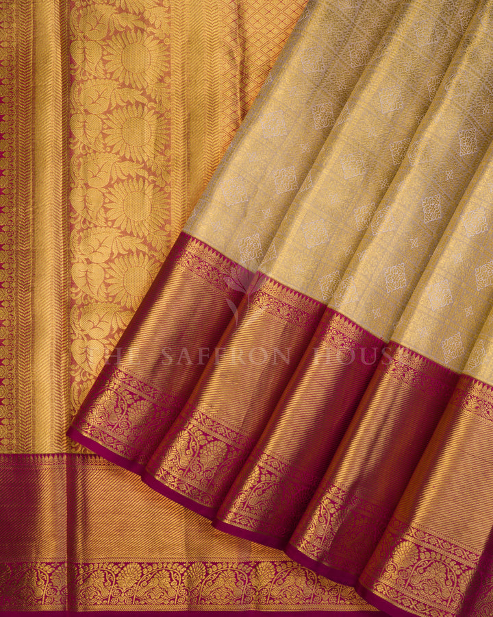 Handloom Kanjivaram Tissue Silk Saree in Gold And Rasberry Pink - TSH250247