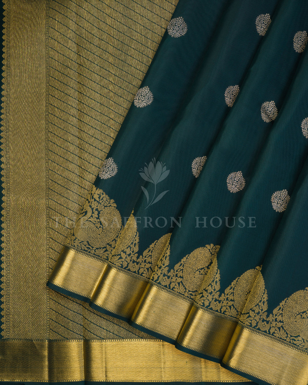 Bottle Green Handwoven Korvai Kanjivaram Silk Saree - TSH250019
