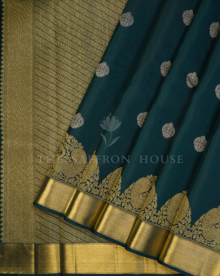 Bottle Green Handwoven Korvai Kanjivaram Silk Saree - TSH250019