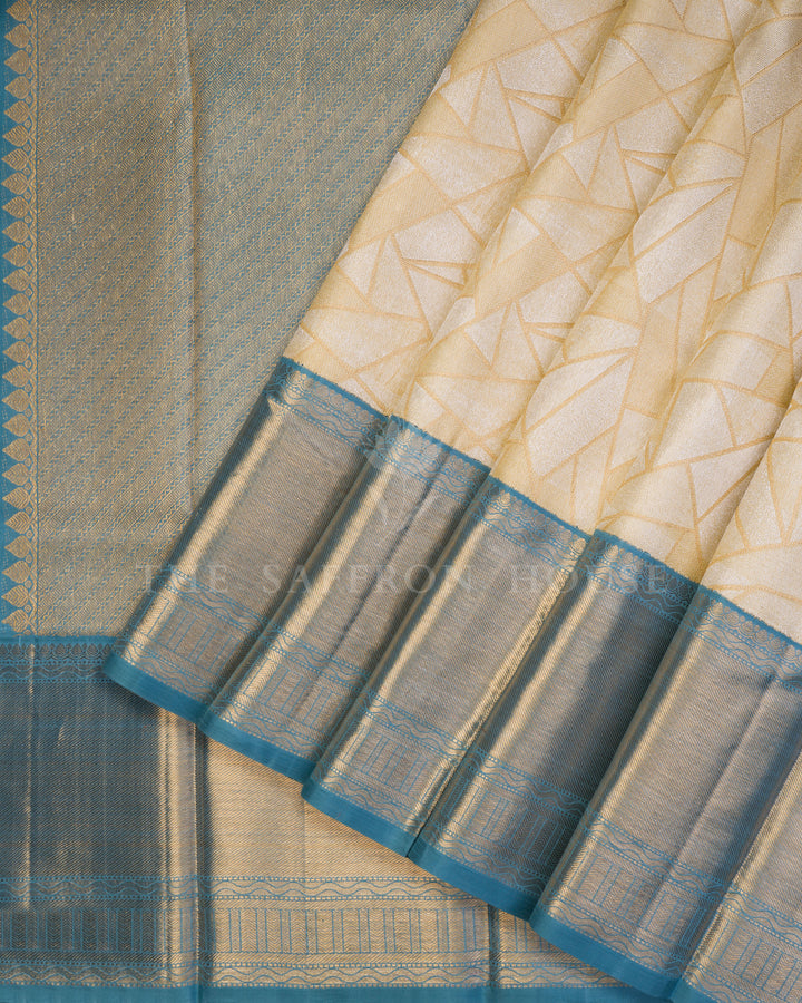 Creamy Beige And Teal Blue Handwoven Kanjivaram Silk Saree - TSH250003