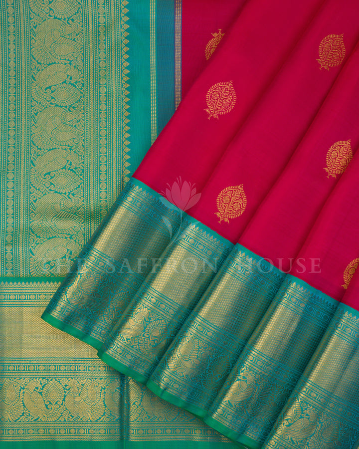 Deep Raspberry Pink And Sea Green Handwoven Kanjivaram Silk Saree - TSH250294