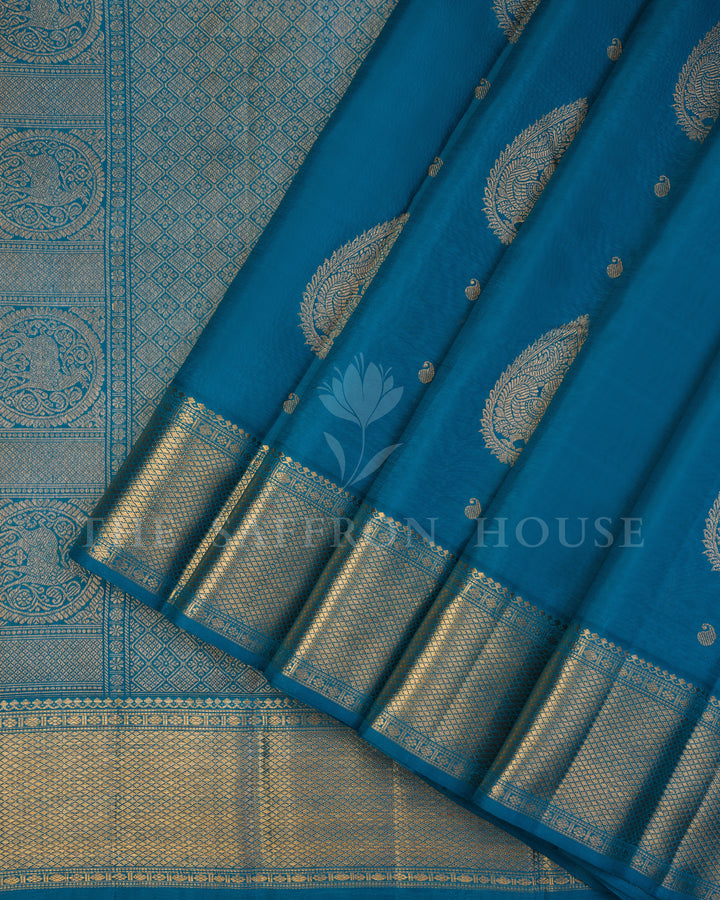 Teal Blue Handwoven Kanjivaram Silk Saree - TSH250052