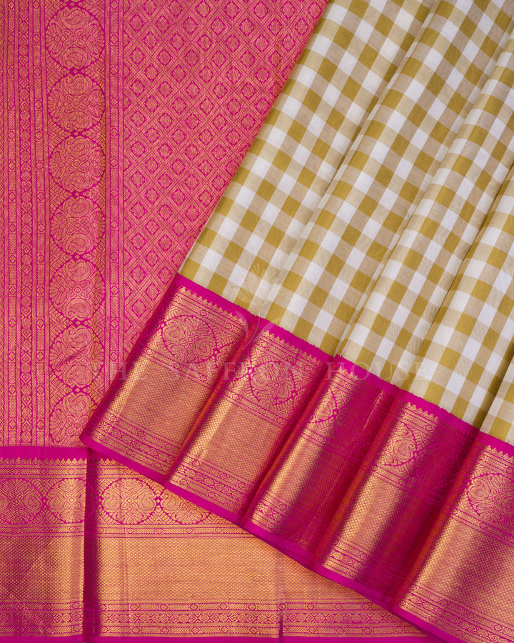 White, Mustard And Pink Handwoven Kanjivaram Silk Saree - TSH123