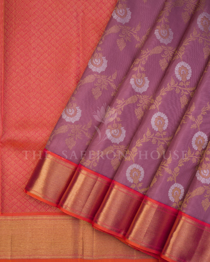 Dusty Mauve and Scarlet Orange Handwoven Kanjivaram Silk Saree - TSH250089