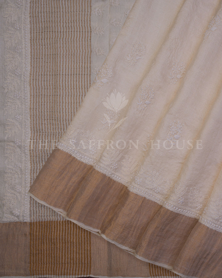 Ivory Desi Tussar Silk Chikankari Saree - TSH250571
