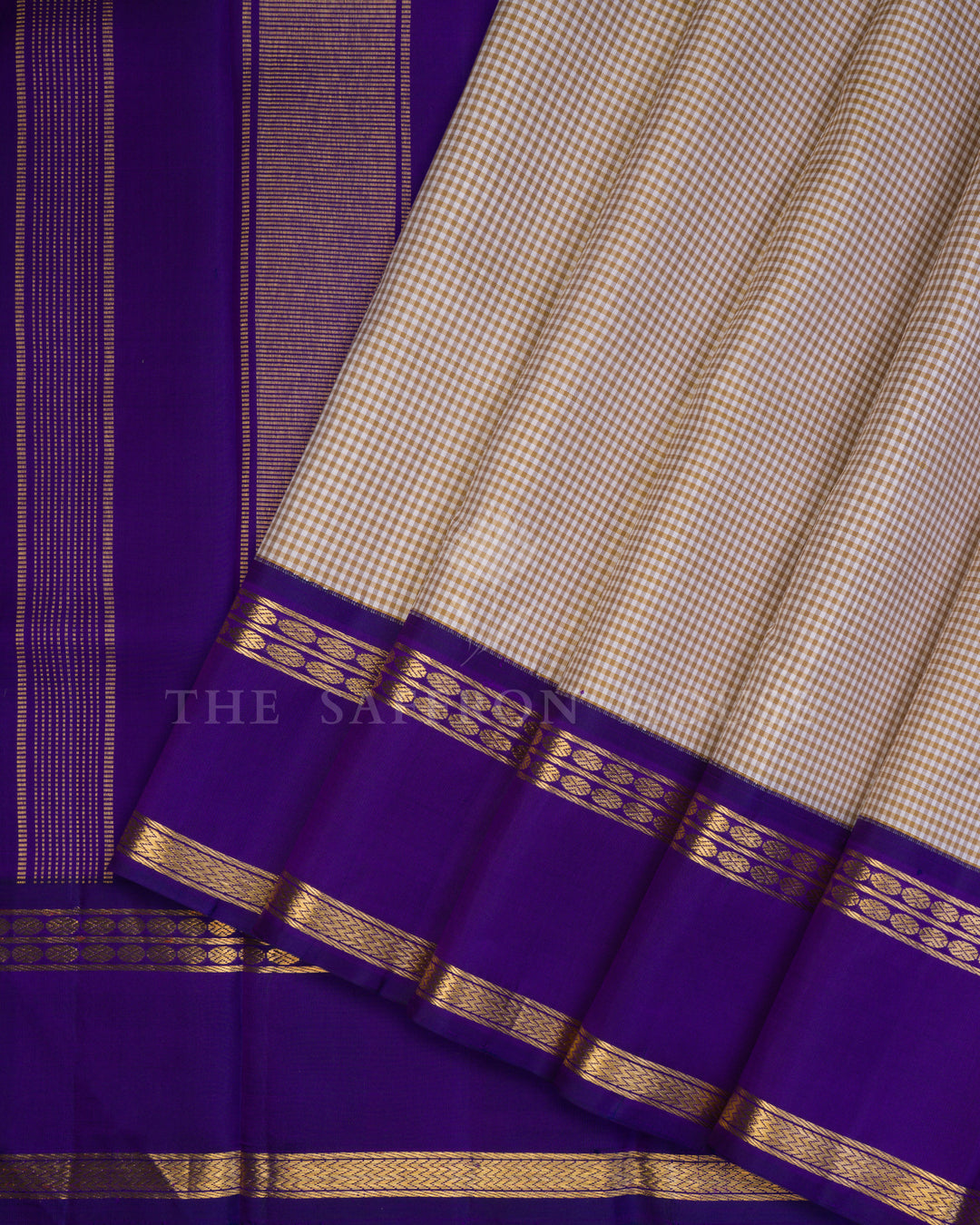 Handloom Kanjivaram Silk Saree in Beige And Violet - TSH250054
