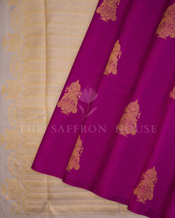 Magenta And Steel Grey Handwoven Borderless Kanjivaram Silk Saree - TSH250274