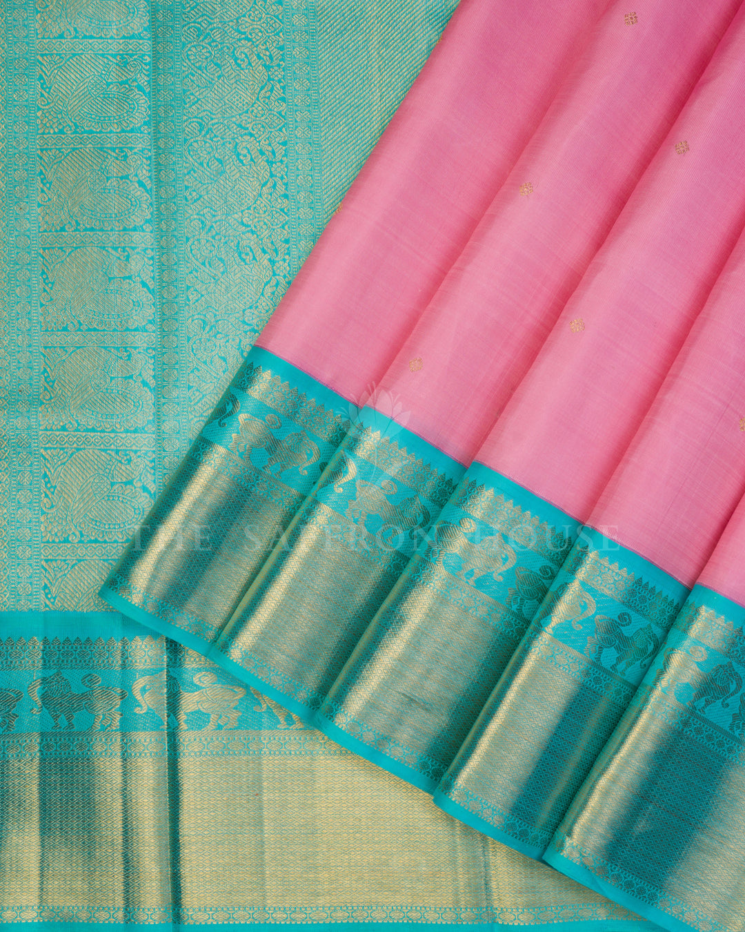 Baby Pink and Turquoise Blue Handwoven Kanjivaram Silk Saree - TSH250030