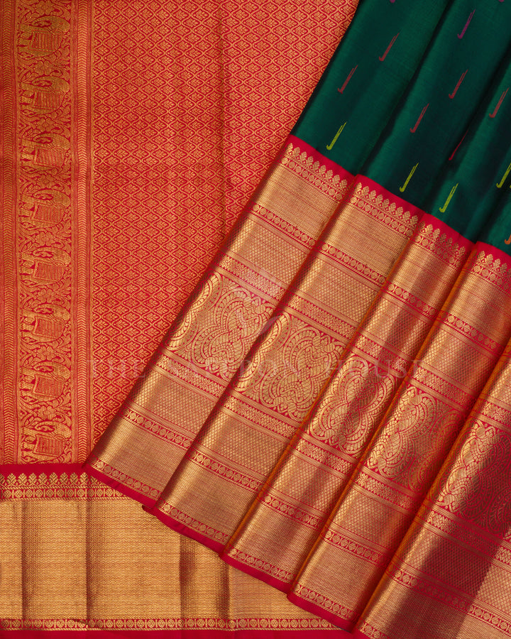 Bottle Green And Red Handwoven Kanjivaram Silk Saree - TSH000001
