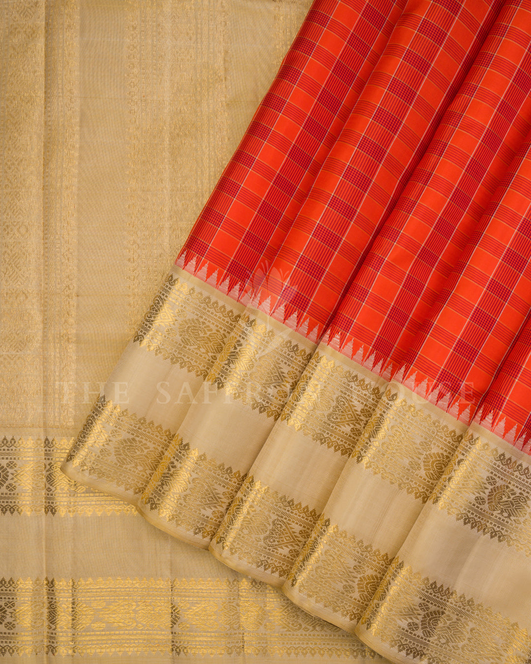 Orange And Ivory Handwoven Rettapet Kanjivaram Silk Saree - TSH250074