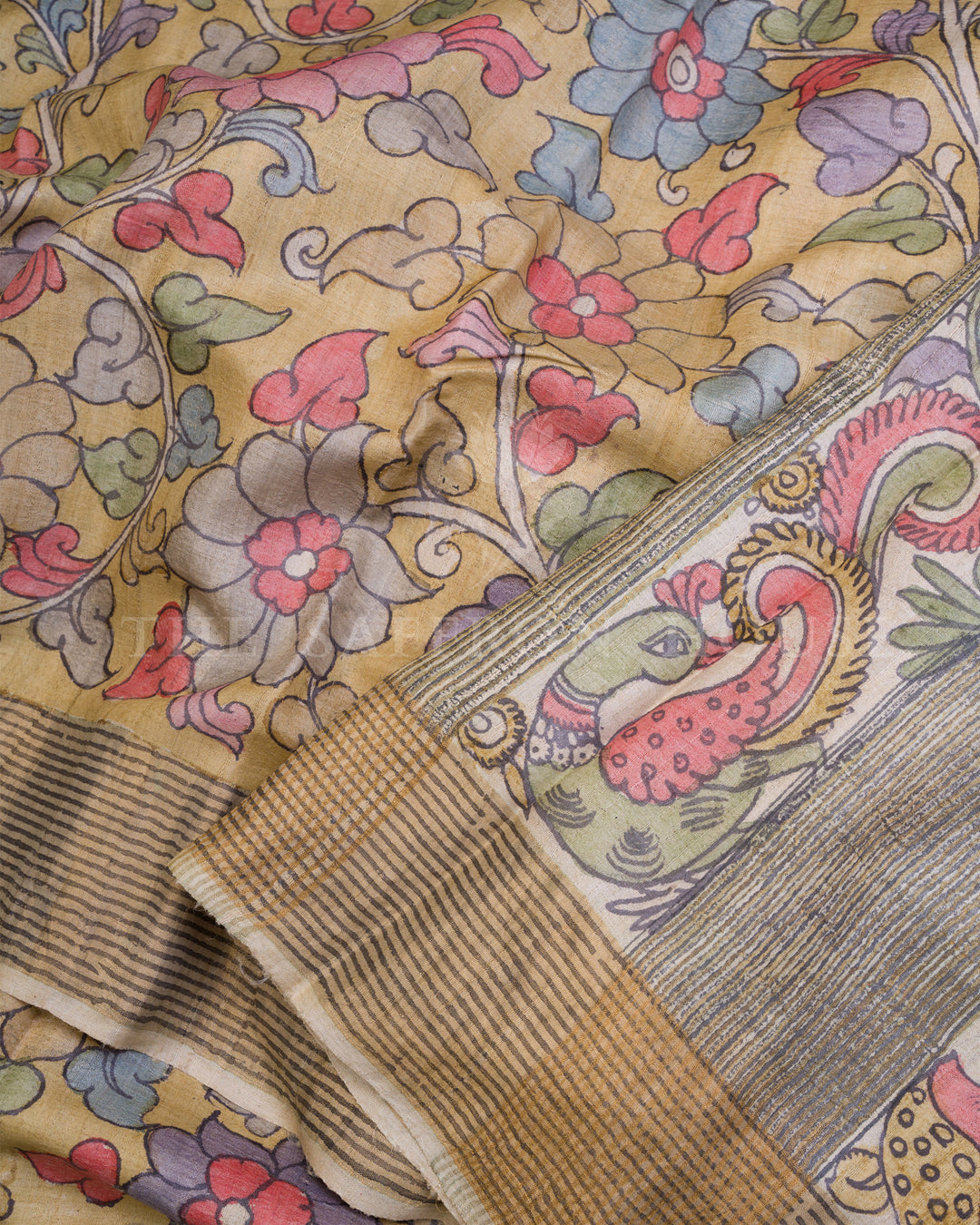 Beige Handwoven Tussar Silk Kalamkari Saree - TSH852