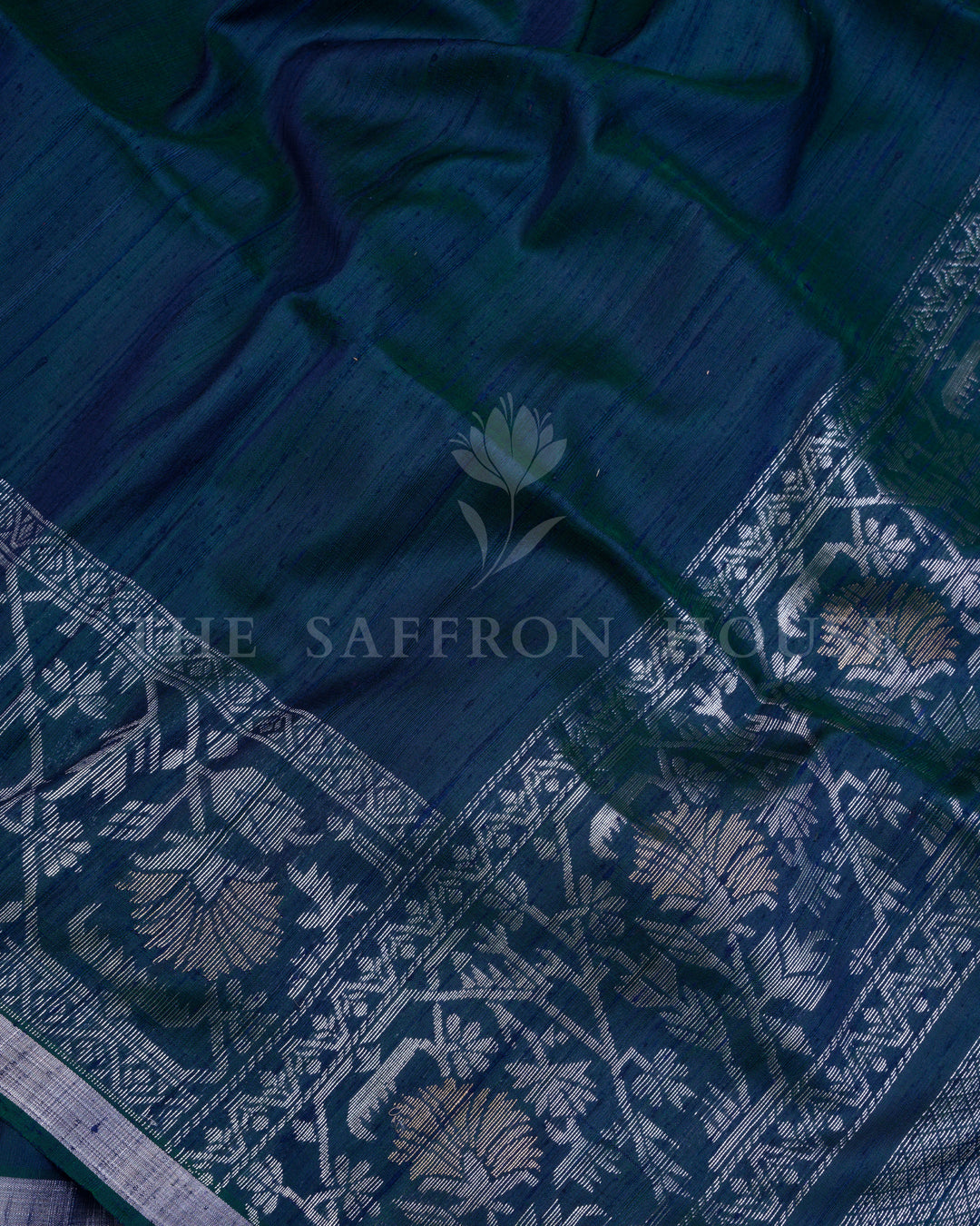 Midnight Blue Tussar Soft Silk Saree with Silver Zari Floral Border and Pallu - TSH6056