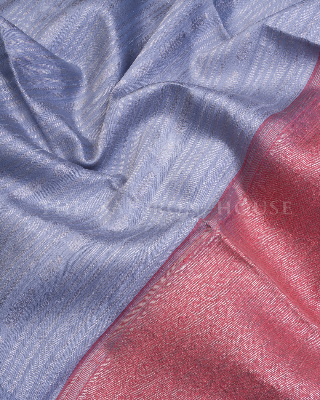 Sky Grey Tussar Soft Silk Saree with Rose Red Contrast Pallu - TSH6052