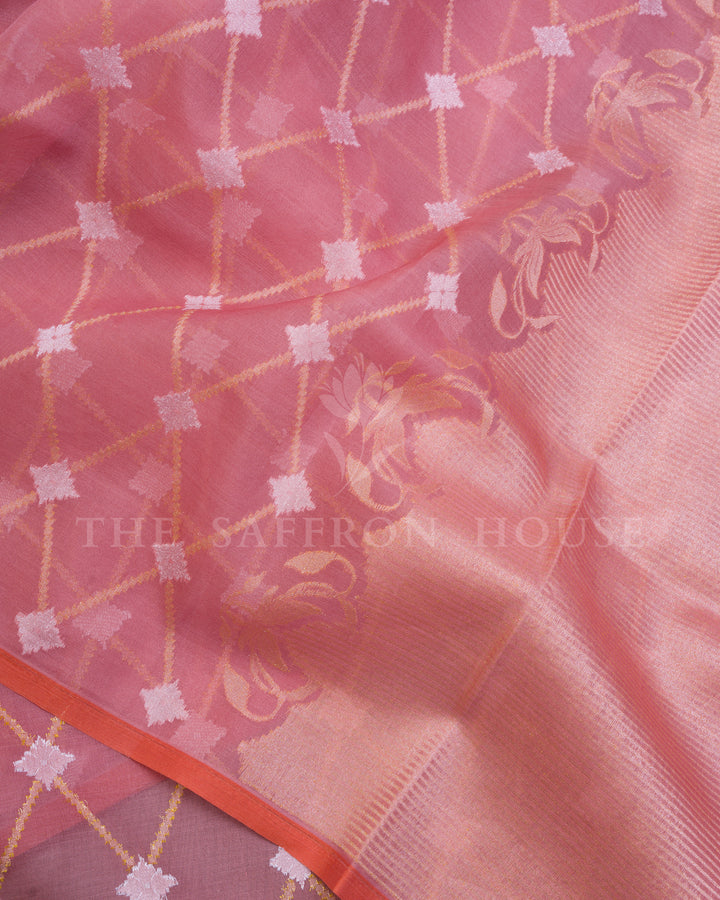 Dusty Rose Handwoven Cotton Silk Kora Banarasi Saree - TSH250551