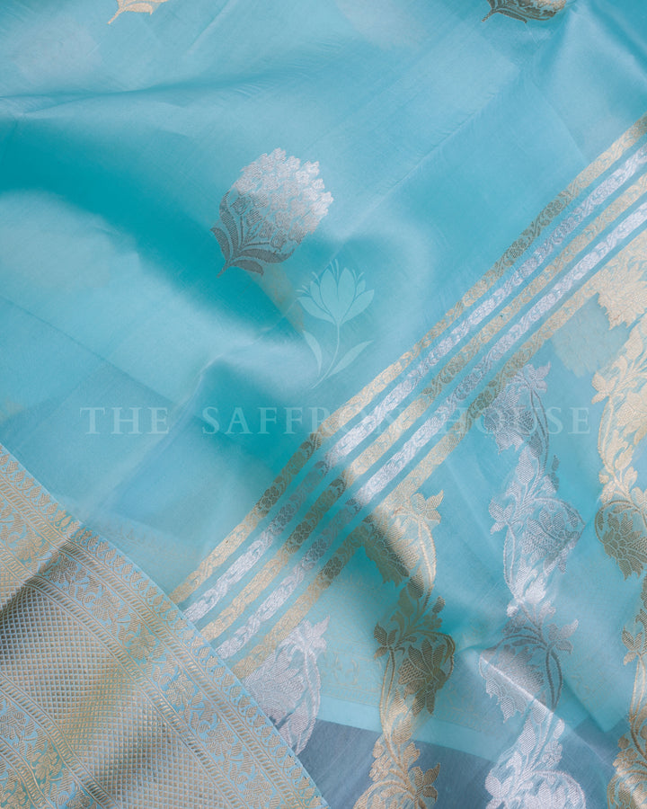 Icy Blue Handwoven Kora Banarasi Saree - TSH000043