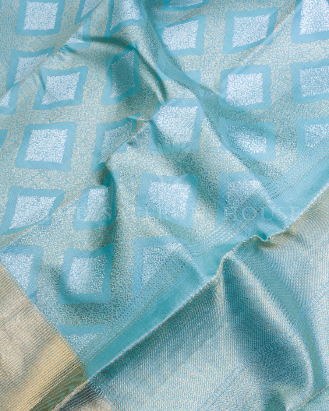 Pure Zari Kora Kanchivaram Saree in Powder Blue with Gold Border - TSH250020