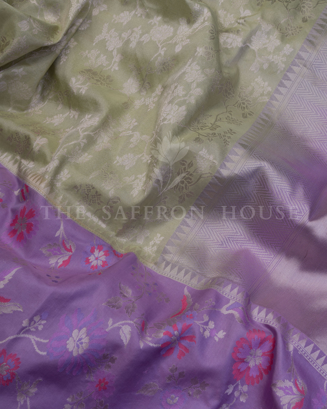Pastel Olive And Lavender Handwoven Ektara Banaras Saree with Meenakari Work - TSH250512