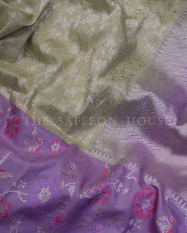 Pastel Olive And Lavender Handwoven Ektara Banaras Saree with Meenakari Work - TSH250512