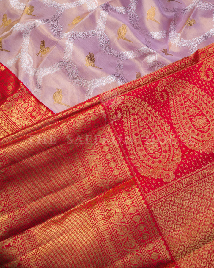 Rose Gold And Chilli Red Handwoven Kanjivaram Silk Saree - TSH250081